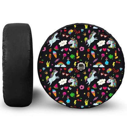Black Girly Unicorn Pattern Print Tire Cover With Camera Hole