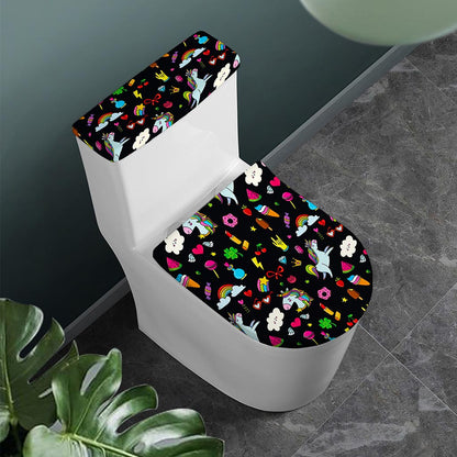 Black Girly Unicorn Pattern Print Toilet Lid And Tank Cover Set