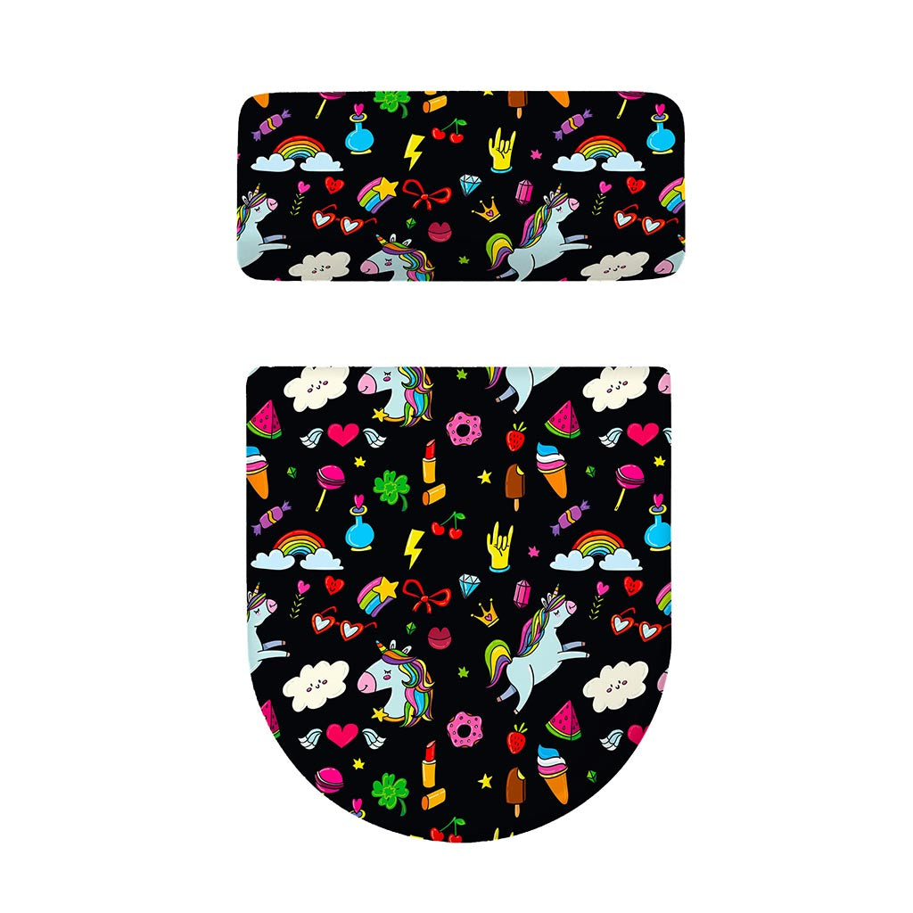 Black Girly Unicorn Pattern Print Toilet Lid And Tank Cover Set