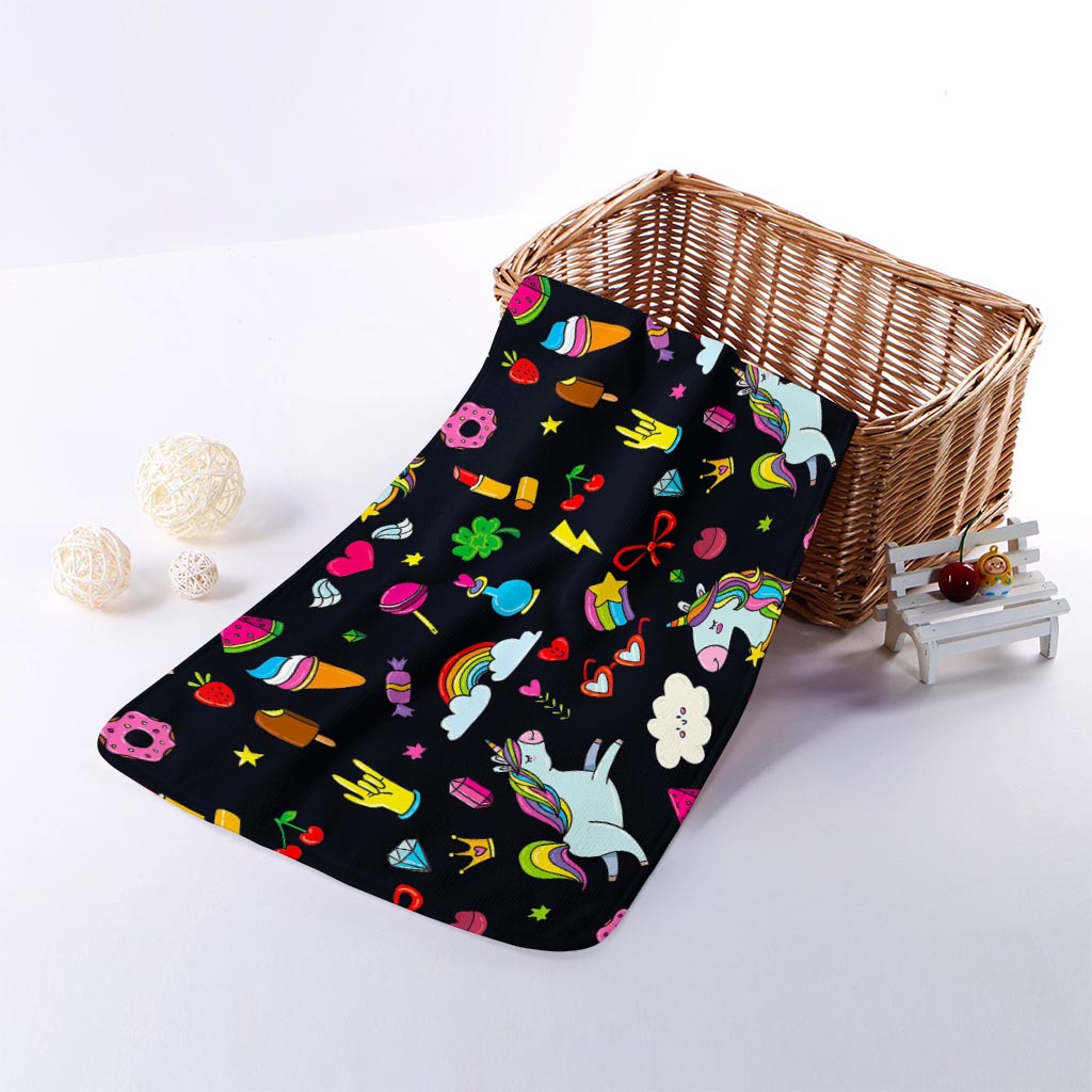 Black Girly Unicorn Pattern Print Towel