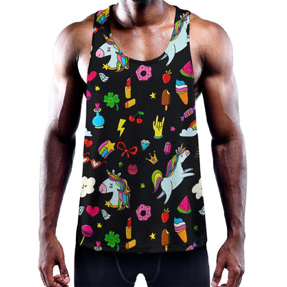 Black Girly Unicorn Pattern Print Training Tank Top