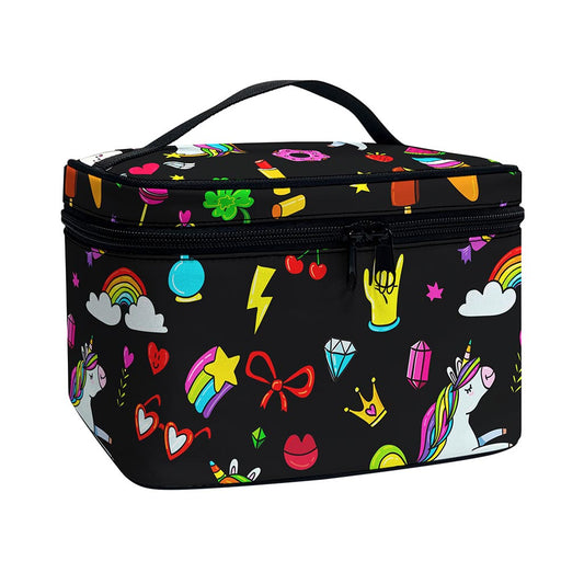 Black Girly Unicorn Pattern Print Travel Makeup Bag
