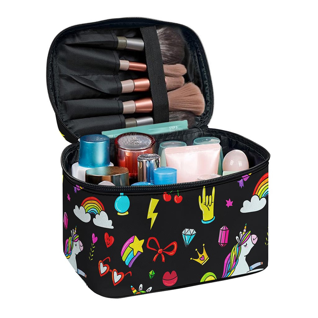 Black Girly Unicorn Pattern Print Travel Makeup Bag