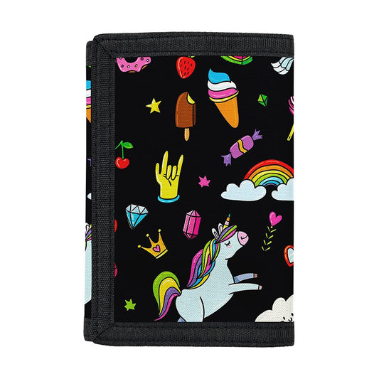 Black Girly Unicorn Pattern Print Trifold Wallet
