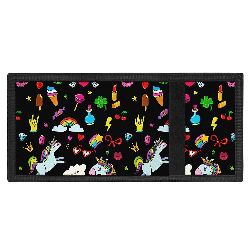 Black Girly Unicorn Pattern Print Trifold Wallet