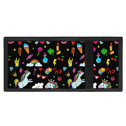 Black Girly Unicorn Pattern Print Trifold Wallet