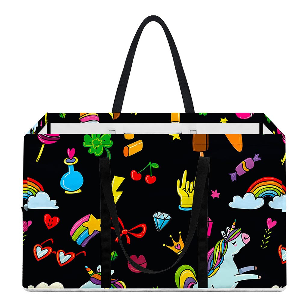 Black Girly Unicorn Pattern Print Utility Tote Bag
