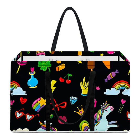 Black Girly Unicorn Pattern Print Utility Tote Bag