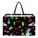 Black Girly Unicorn Pattern Print Utility Tote Bag