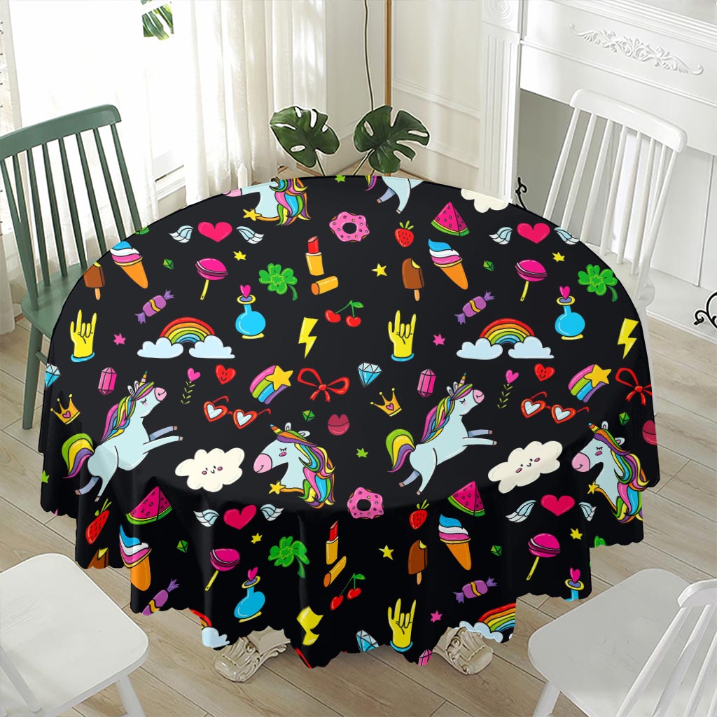 Black Girly Unicorn Pattern Print Waterproof Round Tablecloth