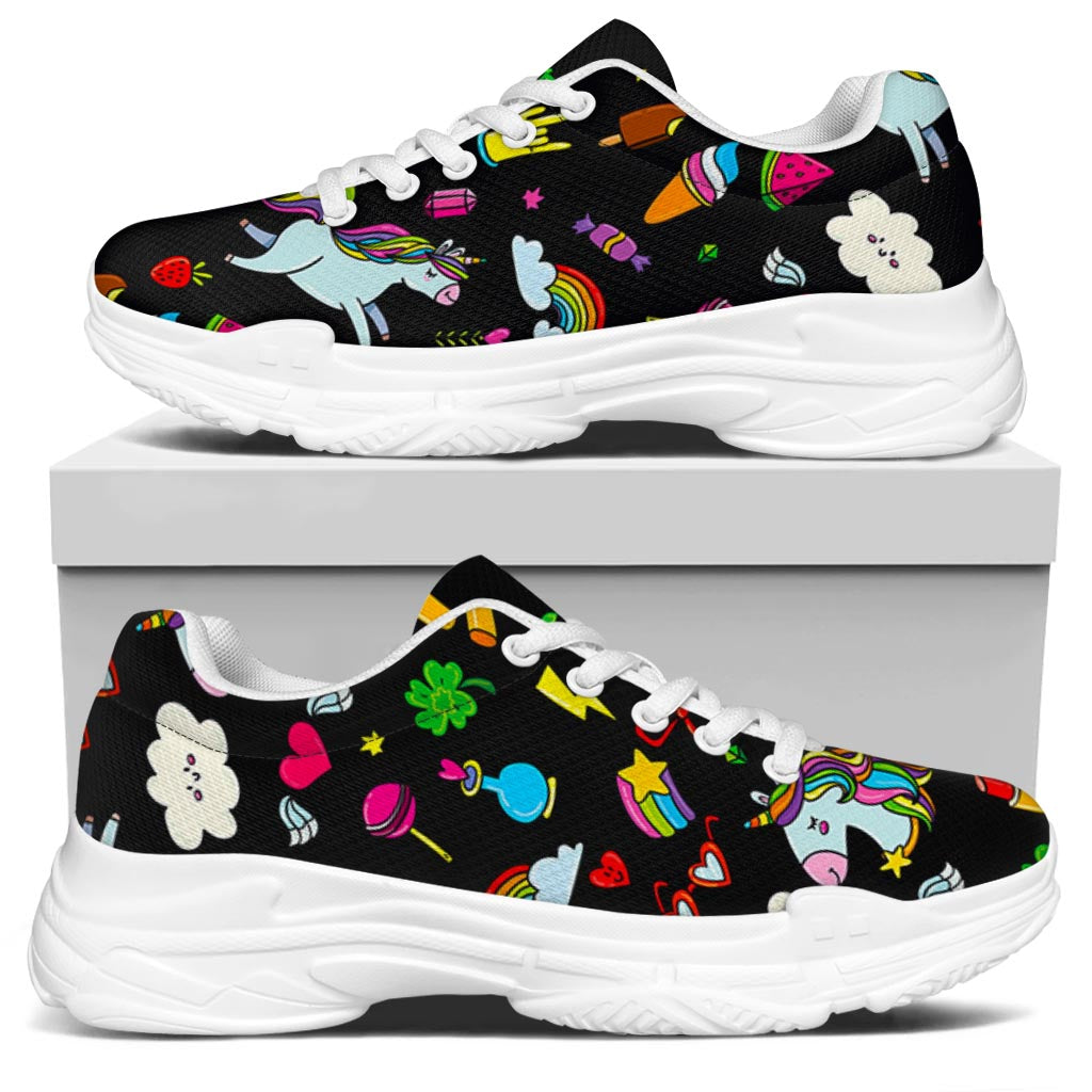 Black Girly Unicorn Pattern Print White Chunky Shoes