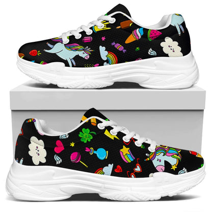 Black Girly Unicorn Pattern Print White Chunky Shoes