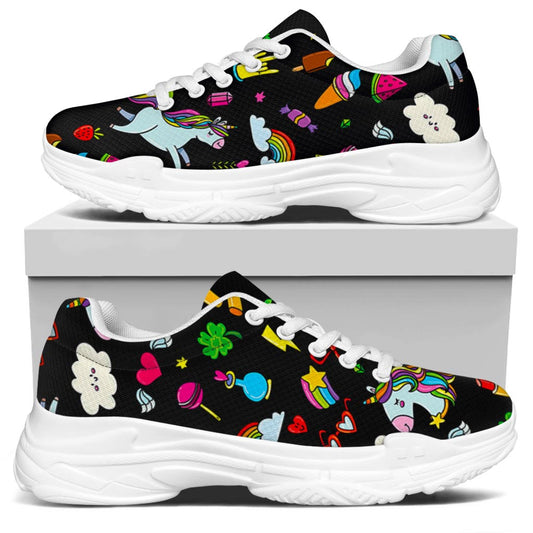 Black Girly Unicorn Pattern Print White Chunky Shoes