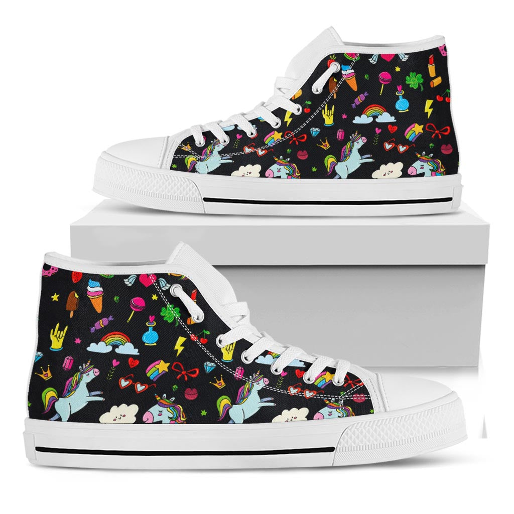 Black Girly Unicorn Pattern Print White High Top Sneakers