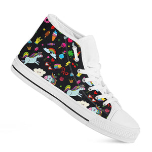 Black Girly Unicorn Pattern Print White High Top Sneakers