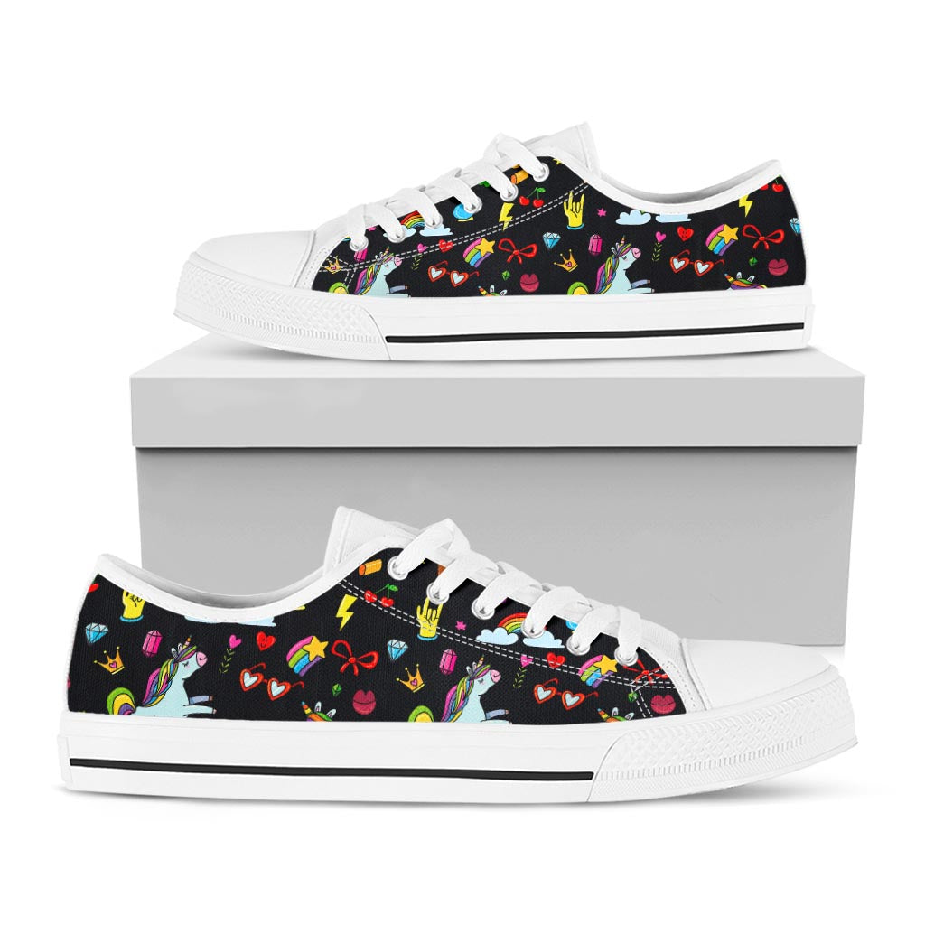 Black Girly Unicorn Pattern Print White Low Top Sneakers