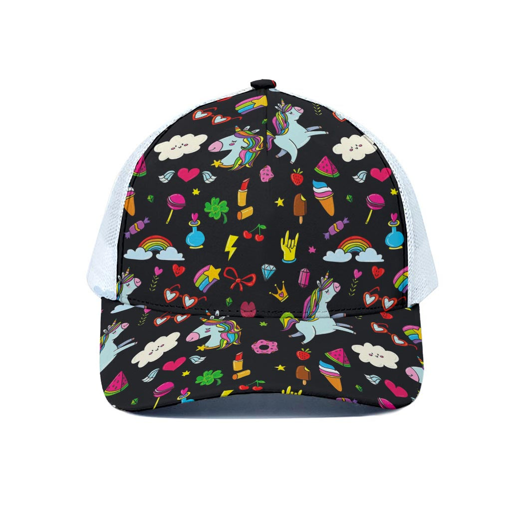 Black Girly Unicorn Pattern Print White Mesh Trucker Cap