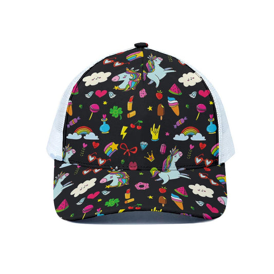 Black Girly Unicorn Pattern Print White Mesh Trucker Cap
