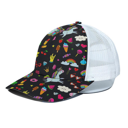 Black Girly Unicorn Pattern Print White Mesh Trucker Cap