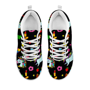 Black Girly Unicorn Pattern Print White Running Shoes