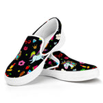 Black Girly Unicorn Pattern Print White Slip On Sneakers