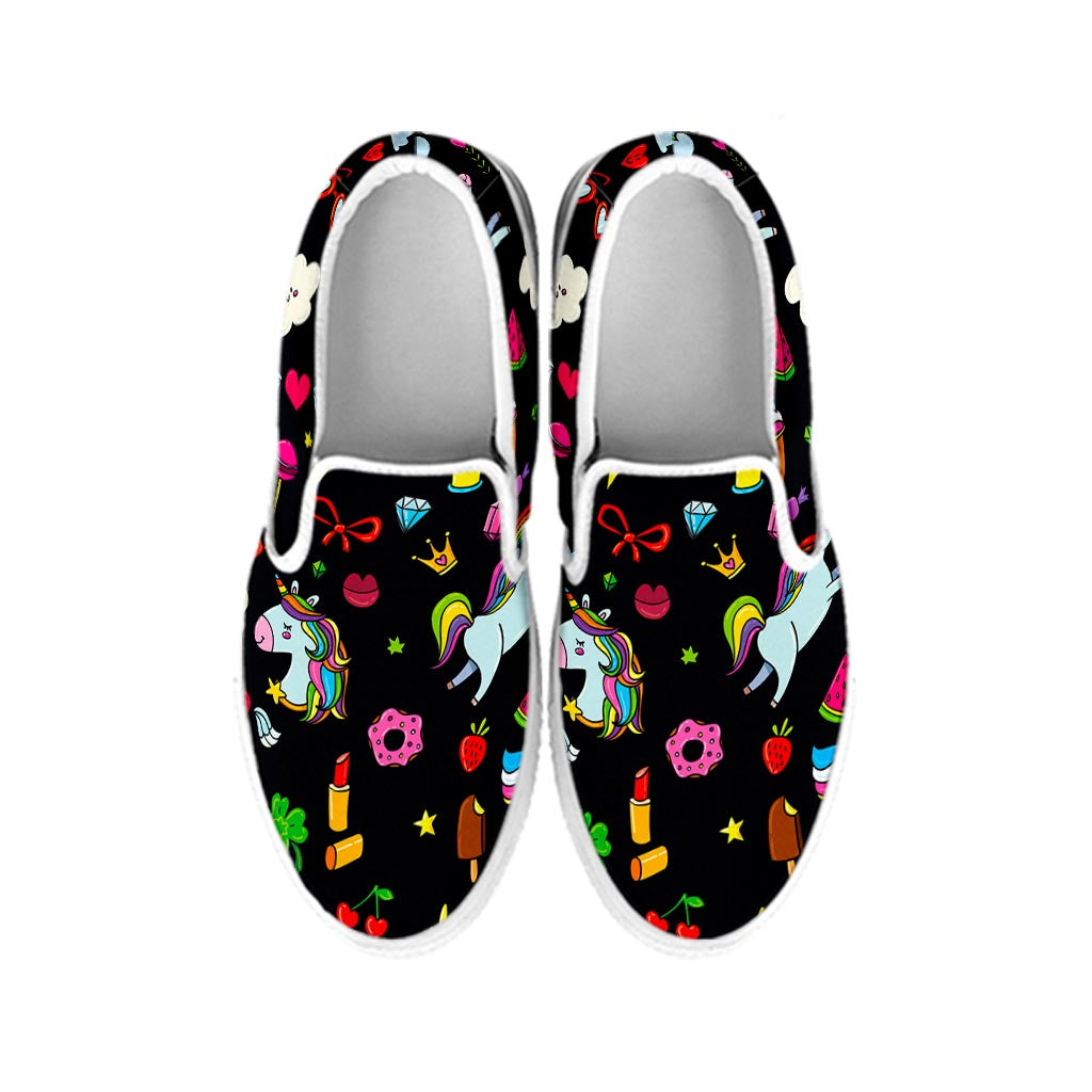 Black Girly Unicorn Pattern Print White Slip On Sneakers