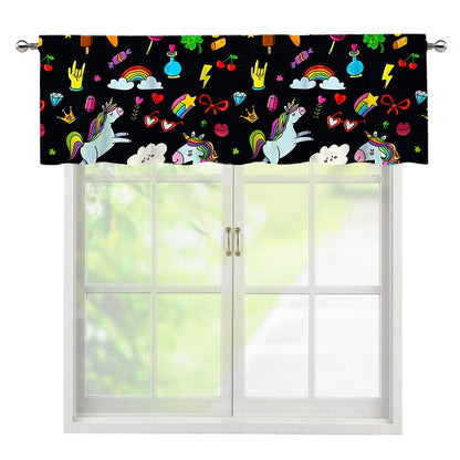 Black Girly Unicorn Pattern Print Window Valance