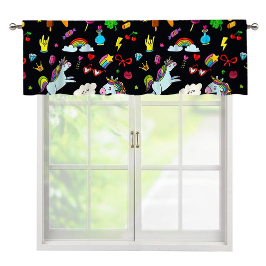 Black Girly Unicorn Pattern Print Window Valance