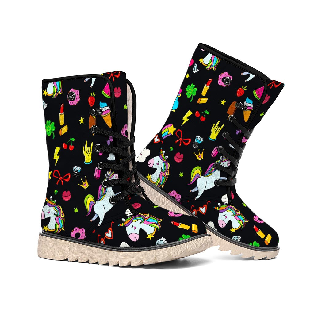 Black Girly Unicorn Pattern Print Winter Boots