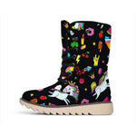 Black Girly Unicorn Pattern Print Winter Boots