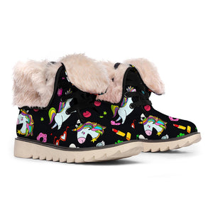 Black Girly Unicorn Pattern Print Winter Boots