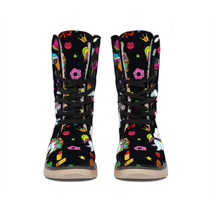 Black Girly Unicorn Pattern Print Winter Boots