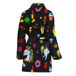 Black Girly Unicorn Pattern Print Women's Bathrobe