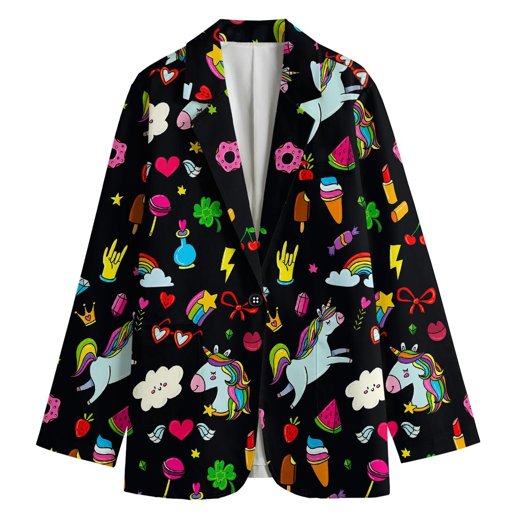 Black Girly Unicorn Pattern Print Women's Blazer