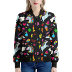 Black Girly Unicorn Pattern Print Women's Bomber Jacket