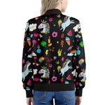 Black Girly Unicorn Pattern Print Women's Bomber Jacket