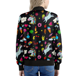 Black Girly Unicorn Pattern Print Women's Bomber Jacket