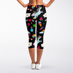 Black Girly Unicorn Pattern Print Women's Capri Leggings