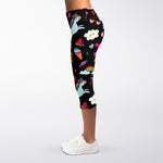 Black Girly Unicorn Pattern Print Women's Capri Leggings