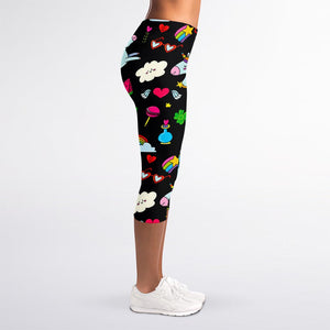 Black Girly Unicorn Pattern Print Women's Capri Leggings