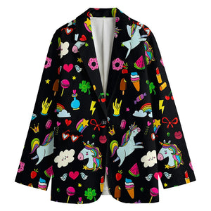 Black Girly Unicorn Pattern Print Women's Cotton Blazer