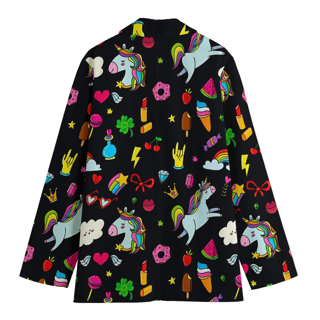 Black Girly Unicorn Pattern Print Women's Cotton Blazer