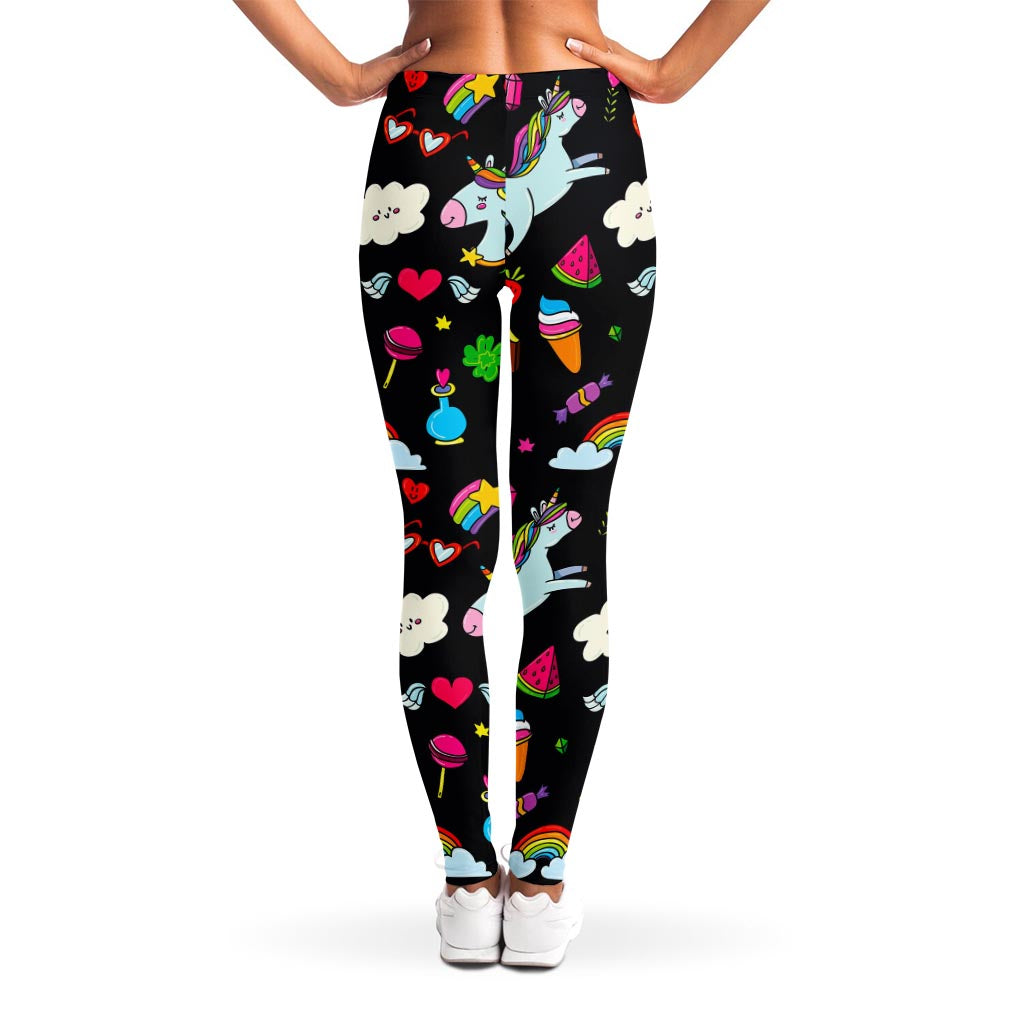 Black Girly Unicorn Pattern Print Women's Leggings