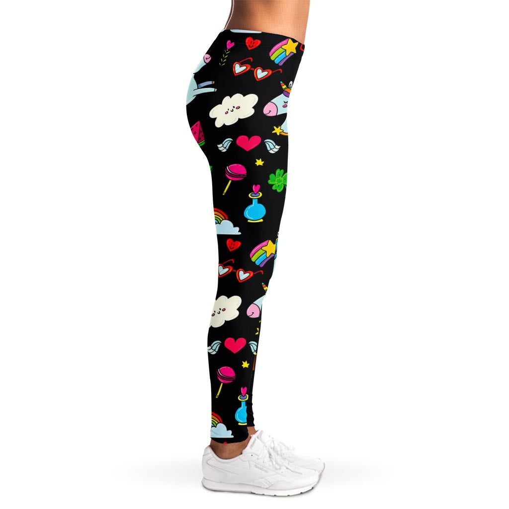 Black Girly Unicorn Pattern Print Women's Leggings