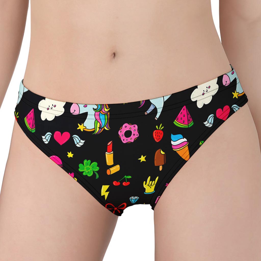 Black Girly Unicorn Pattern Print Women's Panties