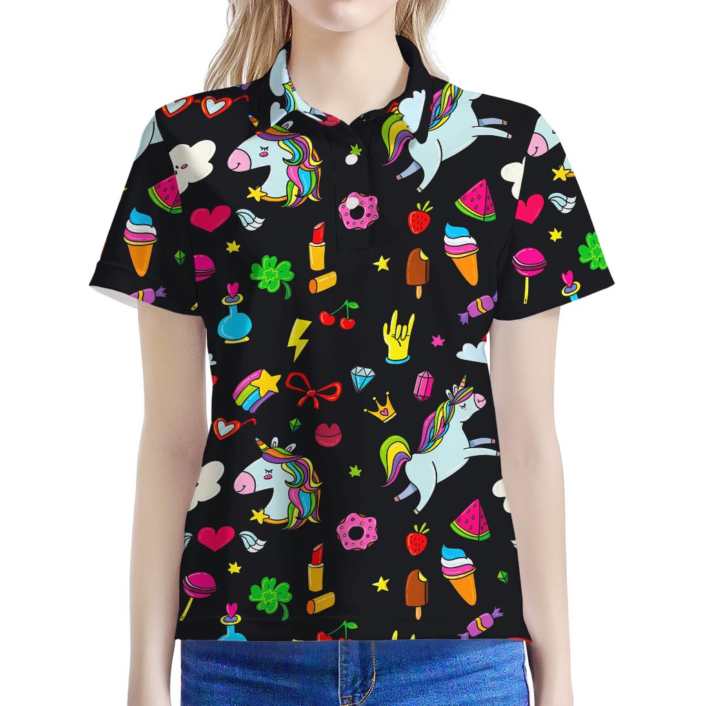 Black Girly Unicorn Pattern Print Women's Polo Shirt