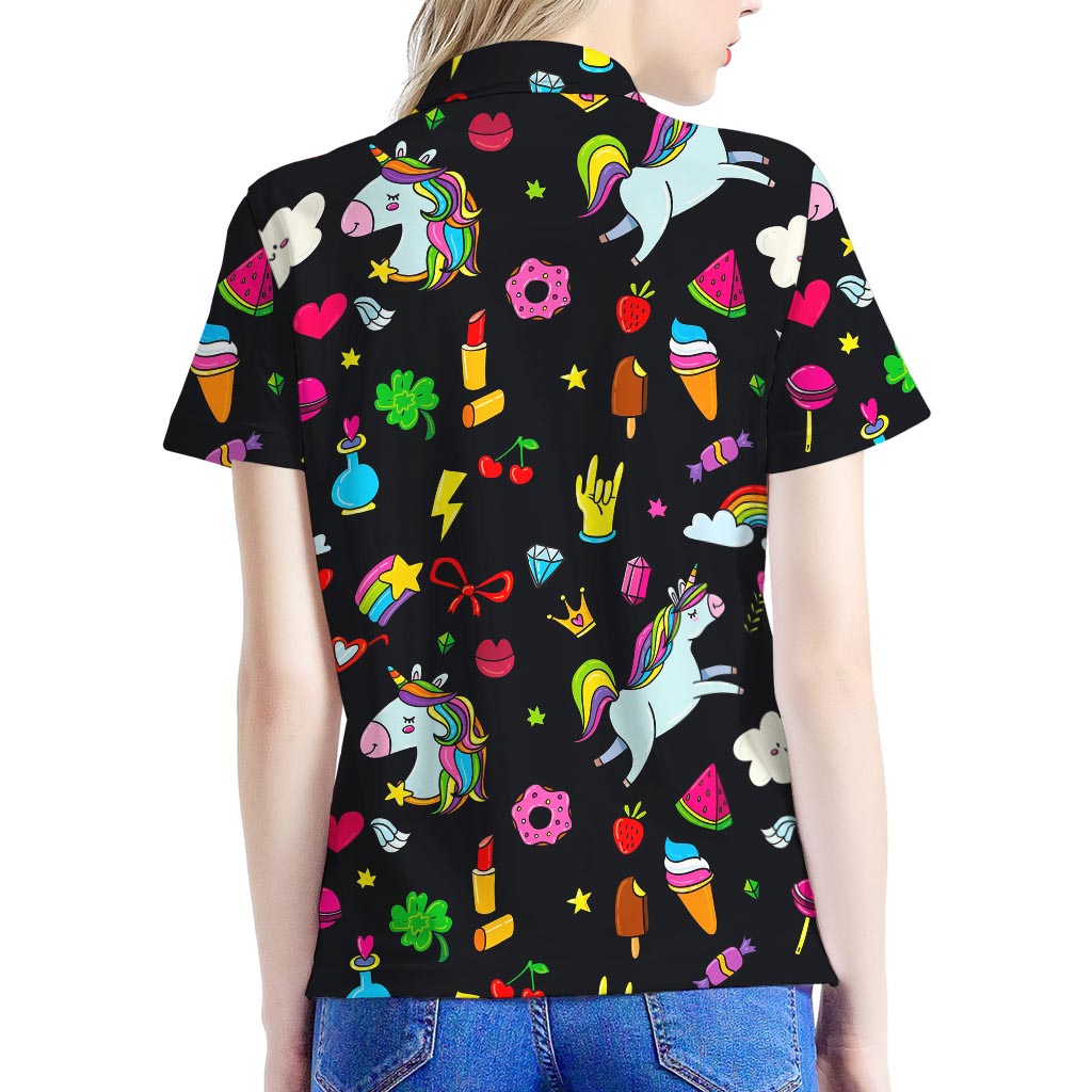 Black Girly Unicorn Pattern Print Women's Polo Shirt