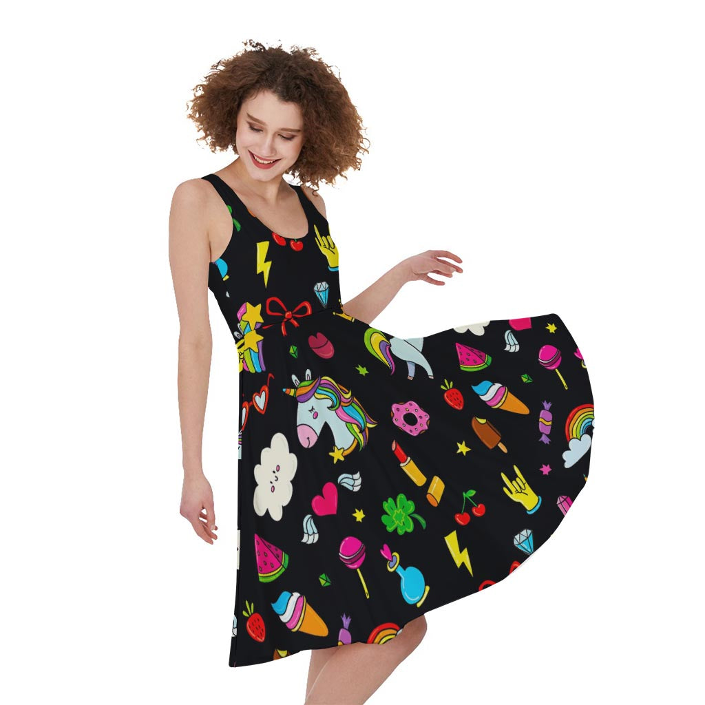 Black Girly Unicorn Pattern Print Women's Sleeveless Dress