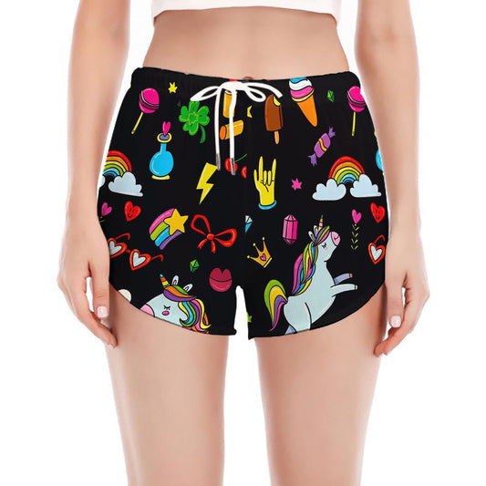 Black Girly Unicorn Pattern Print Women's Split Running Shorts