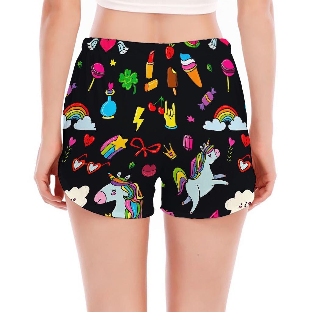 Black Girly Unicorn Pattern Print Women's Split Running Shorts